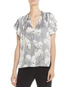 Halston Heritage Ruched Printed Flutter-sleeve Top