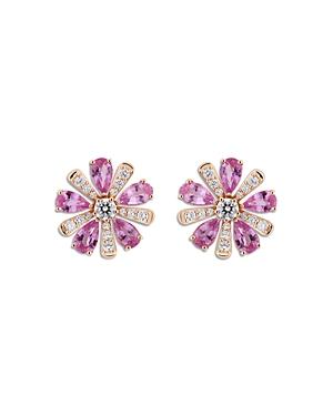 Hueb 18k Rose Gold Botanica Pink Sapphire & Diamond Flower Stud Earrings