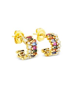 Suzanne Kalan 18k Yellow Gold Rainbow Sapphire & Diamond Wide Huggie Hoop Earrings
