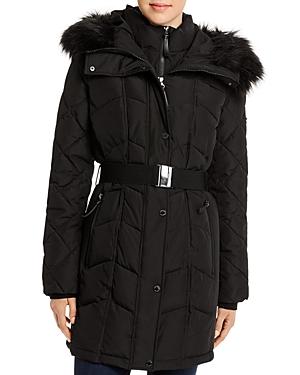 Calvin Klein Faux Fur Trim Belted Quilted Coat