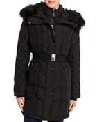 Calvin Klein Faux Fur Trim Belted Quilted Coat