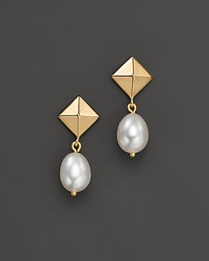 14k Yellow Gold Pyramid Earrings With Cultured Freshwater Pearls