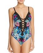 Kenneth Cole Tropical Lace Up One Piece Swimsuit