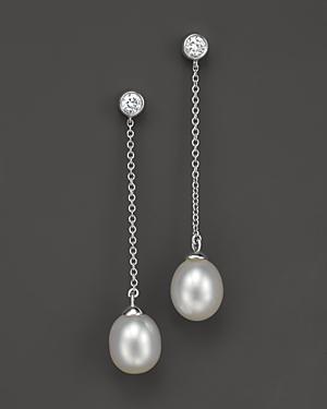 Cultured Freshwater Pearl And Diamond Drop Earrings In 14k White Gold, 7.5mm