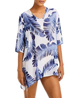 J. Valdi Leaf Print Sharkbite Hem Swim Cover Up Tunic