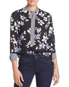 Nydj Striped & Floral Print Tied Neck Blouse
