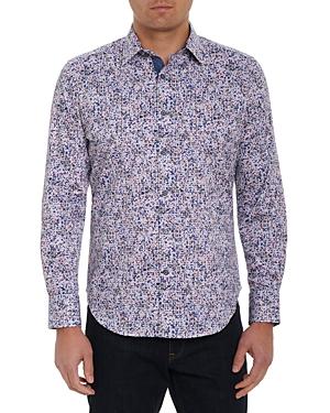 Robert Graham Twisted Reel Cotton Blend Herringbone Cubist Print Classic Fit Button Down Shirt