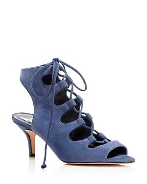Delman Suede Caged Lace Up Mid Heel Sandals
