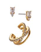 Nadri Pave Crossover Ear Cuff & Cubic Zirconia Stud Earrings In 18k Gold Plated, Set Of 3
