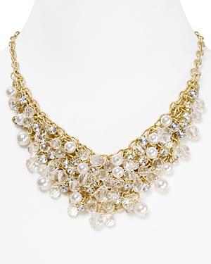 Aqua Crystal & Faux Pearl Gold Cluster Necklace