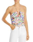 Aqua Brushstroke Floral Print Shirred Halter Top - 100% Exclusive