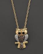 Brown, Black And White Diamond Owl Pendant Necklace In 14k Yellow Gold, .25 Ct. T.w.