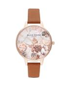 Olivia Burton Marble Florals Leather Strap Watch, 34mm