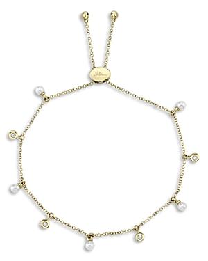 Moon & Meadow 14k Yellow Gold Cultured Pearl & Diamond Dangle Bolo Bracelet - 100% Exclusive