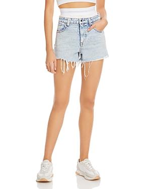 Alexanderwang.t Logo Elastic Jean Shorts In Pebble Bleach