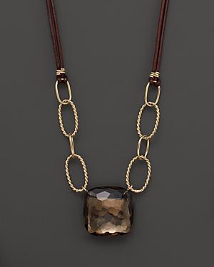 14k Yellow Gold Twist Link Smoky Quartz And Leather Necklace, 18