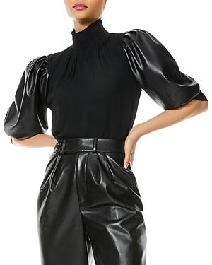 Alice And Olivia Carmina Faux Leather Puff Sleeve Top