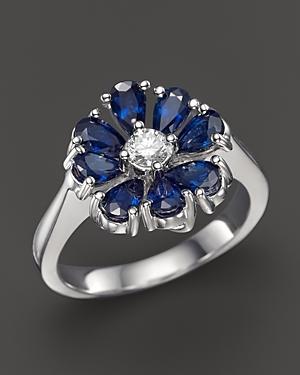 Sapphire And Diamond Flower Ring In 14k White Gold