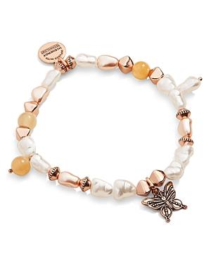Alex And Ani Rose Gold-tone Butterfly Beaded Charm Stretch Bracelet