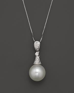 Diamond And White South Sea Pearl Pendant Necklace In 14k White Gold, 18