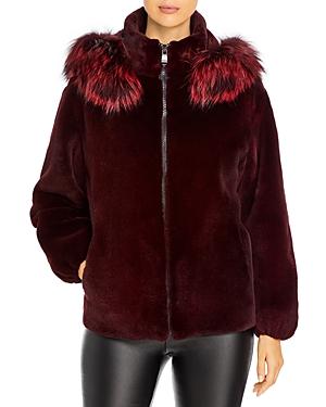 Maximilian Furs Fox Trim Hooded Mink Fur Coat