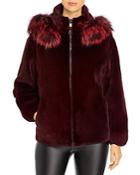 Maximilian Furs Fox Trim Hooded Mink Fur Coat