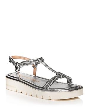 Stuart Weitzman Women's Calypso Square Toe Twist Strap Leather Lift Sandals