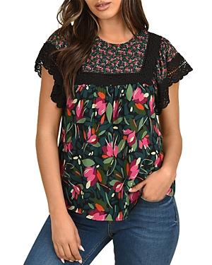 Daniel Rainn Crocheted Trim Bib Front Floral Print Top