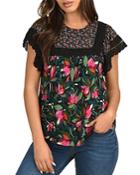 Daniel Rainn Crocheted Trim Bib Front Floral Print Top