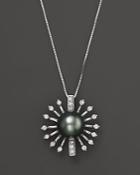 Diamond And Tahitian Pearl Pendant Necklace In 14k White Gold, 18