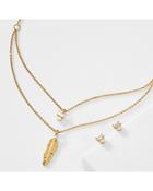 Nadri Cubic Zirconia Feather Layered Pendant Necklace & Stud Earrings Set