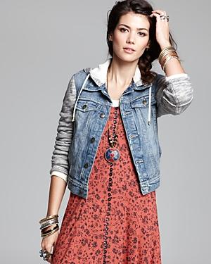 Free People Jacket - Denim And Knit Hooded