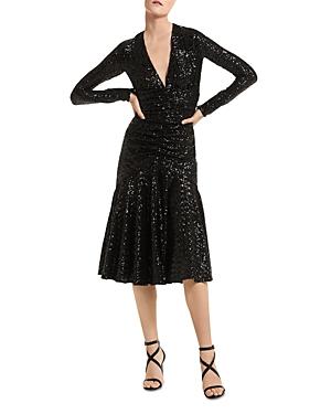 Michael Kors Ruched Sequin Long Sleeve Midi Dress