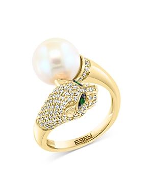 Bloomingdale's Freshwater Pearl, Diamond, & Tsavorite Panther Bypass Ring In 14k Yellow Gold - 100% Exclusive