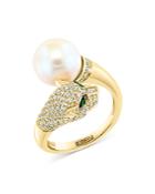Bloomingdale's Freshwater Pearl, Diamond, & Tsavorite Panther Bypass Ring In 14k Yellow Gold - 100% Exclusive