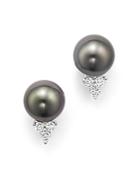 Cultured Tahitian Pearl Earrings With Diamonds In 18k White Gold
