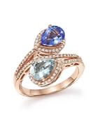 Diamond, Tanzanite And Aquamarine Two-stone Wrap Ring In 14k Rose Gold