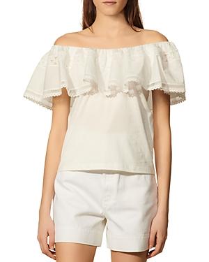 Sandro Mauve Cotton Ruffled Off The Shoulder Top