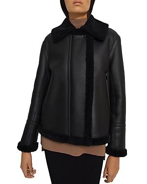 Theory Shearling Trim Leather Oversized Moto Jacket