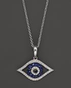 Diamond And Blue Sapphire Evil Eye Pendant Necklace In 14k White Gold, 18