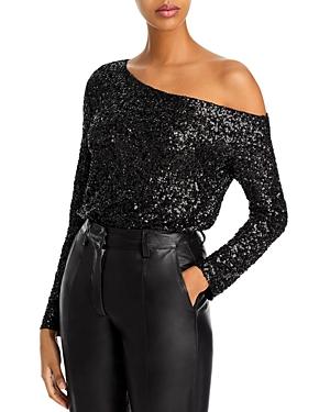 Norma Kamali Sequin Off The Shoulder Long Sleeve Top