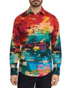 Robert Graham Journey Man Cotton Blend Embroidered Watercolor Textured Classic Fit Button Up Shirt