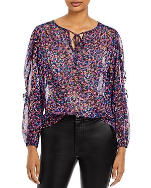 Status By Chenault Sheer Printed Ruffle Sleeve Tie Neck Blouse