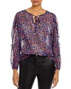 Status By Chenault Sheer Printed Ruffle Sleeve Tie Neck Blouse