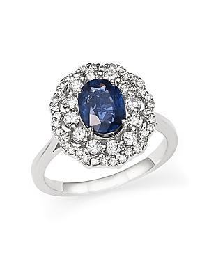 Diamond Halo And Sapphire Ring In 14k White Gold