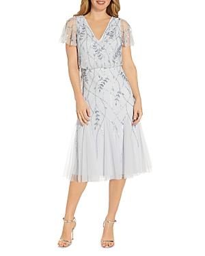 Adrianna Papell Beaded V Neck Cocktail Midi Dress