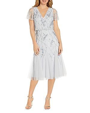 Adrianna Papell Beaded V Neck Cocktail Midi Dress