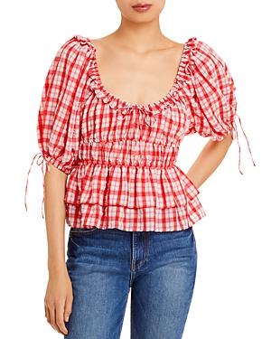 En Saison Square Neck Puff Sleeve Plaid Top