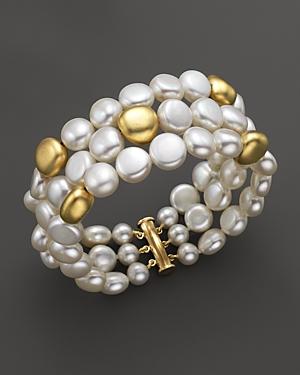 Triple Row Cultured Freshwater Pearl Bracelet In 18k Yellow Gold
