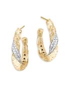 John Hardy 18k Gold Classic Chain Twisted Hammered Diamond Pave Hoop Earrings